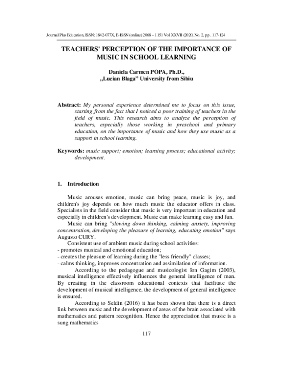 (PDF) Teachers' Perception of the Importance of Music in School Learning