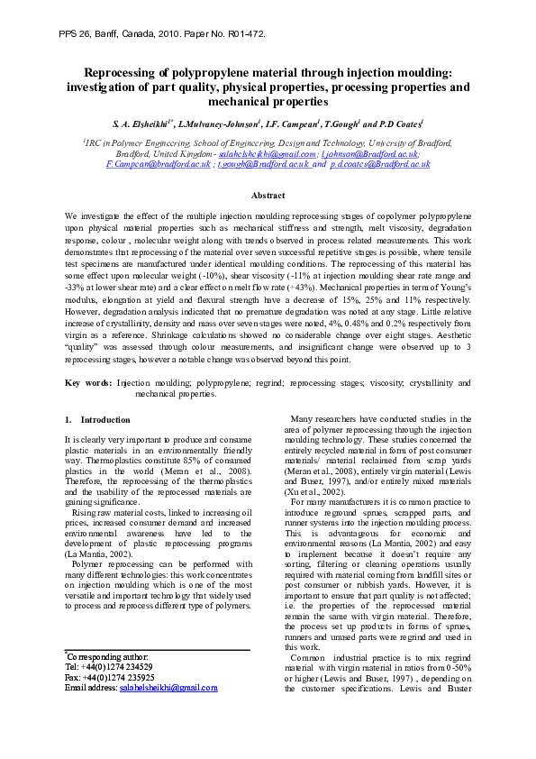 (PDF) Reprocessing of polypropylene material through injection moulding ...