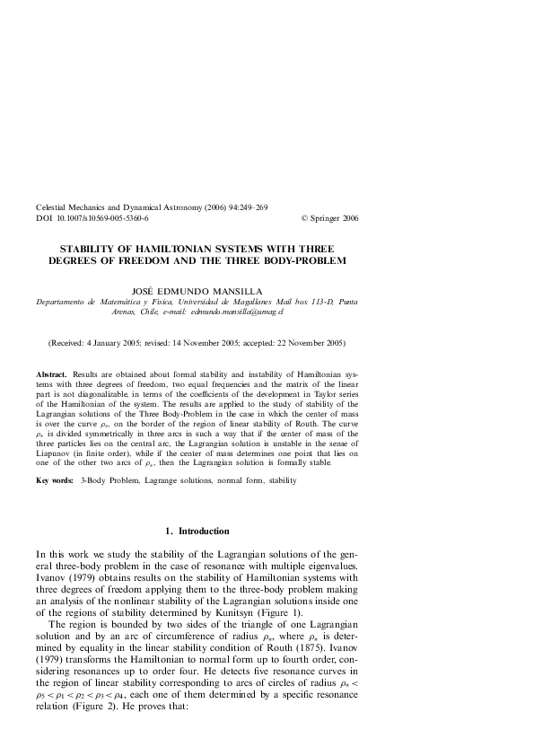 (PDF) Stability of Hamiltonian Systems with Three Degrees of Freedom ...