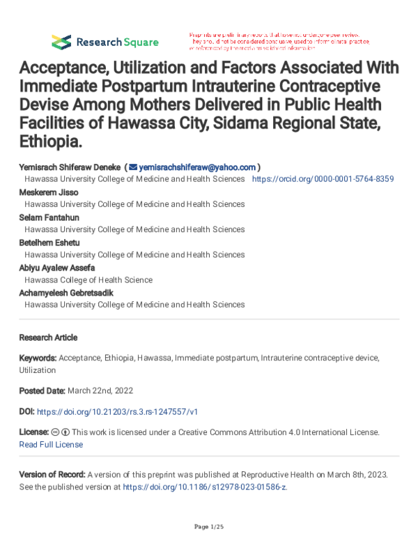 (PDF) Acceptance, Utilization and Factors Associated With Immediate ...