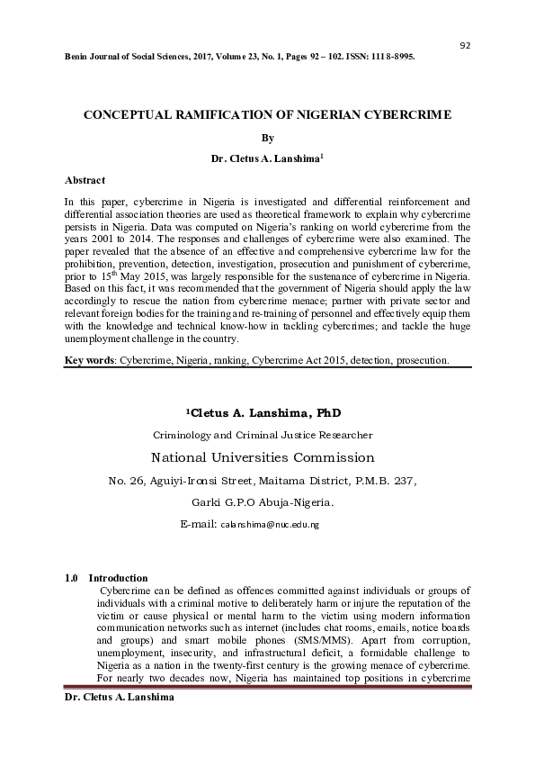 (PDF) CONCEPTUAL RAMIFICATION OF NIGERIAN CYBERCRIME Dr Lansh