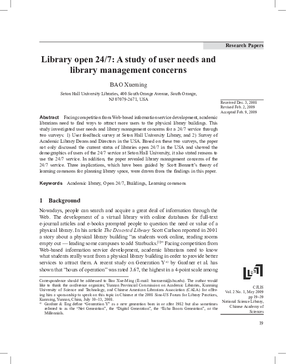 (PDF) Library open 24/7: A Study of User Needs and Library Management ...