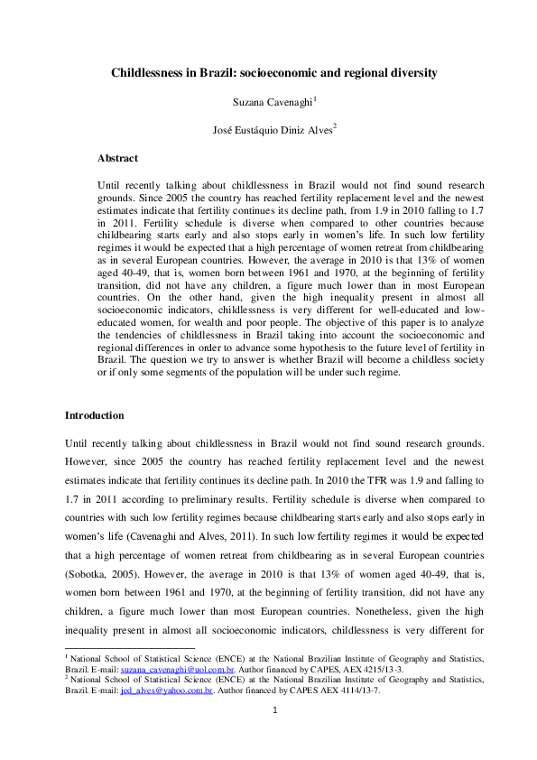 (PDF) Childlessness in Brazil: socioeconomic and regional diversity