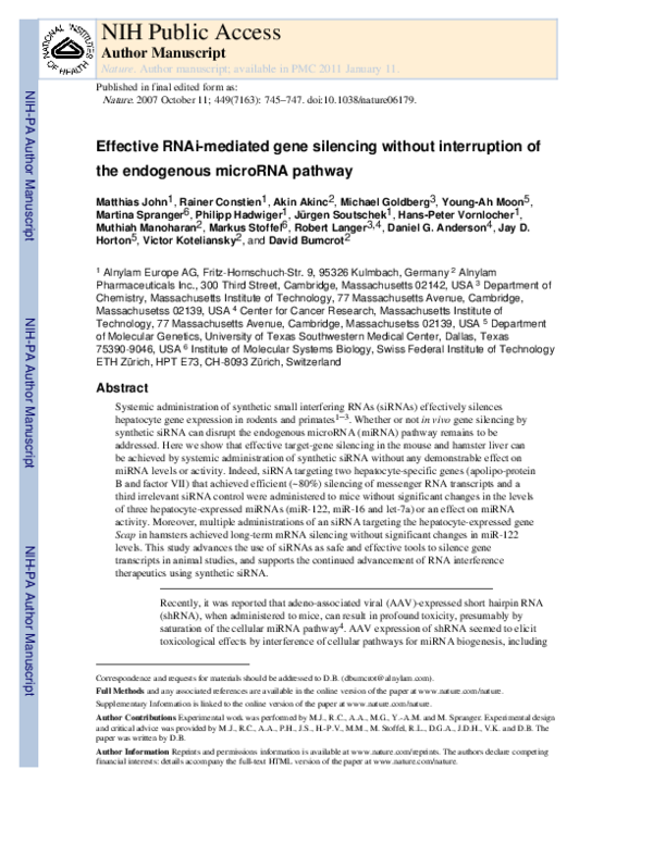 (PDF) Effective RNAi-mediated gene silencing without interruption of ...