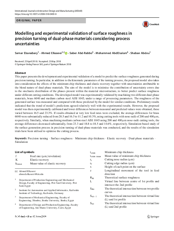 (PDF) Modelling and experimental validation of surface roughness in ...