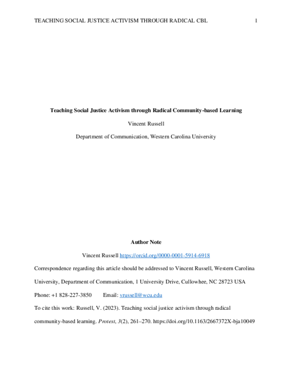 (PDF) Teaching Social Justice Activism through Radical Community-based ...