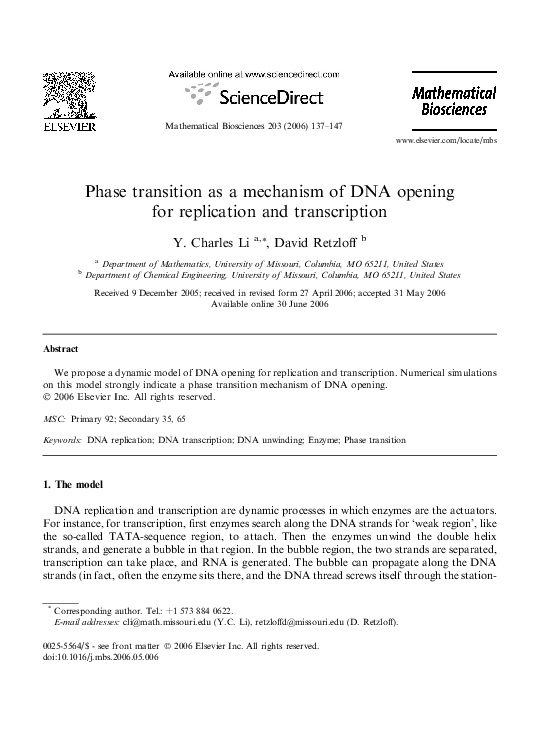 (PDF) Phase transition as a mechanism of DNA opening for replication ...