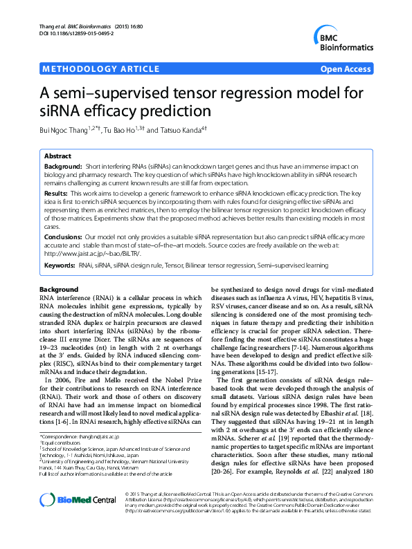 (PDF) A semi–supervised tensor regression model for siRNA efficacy ...