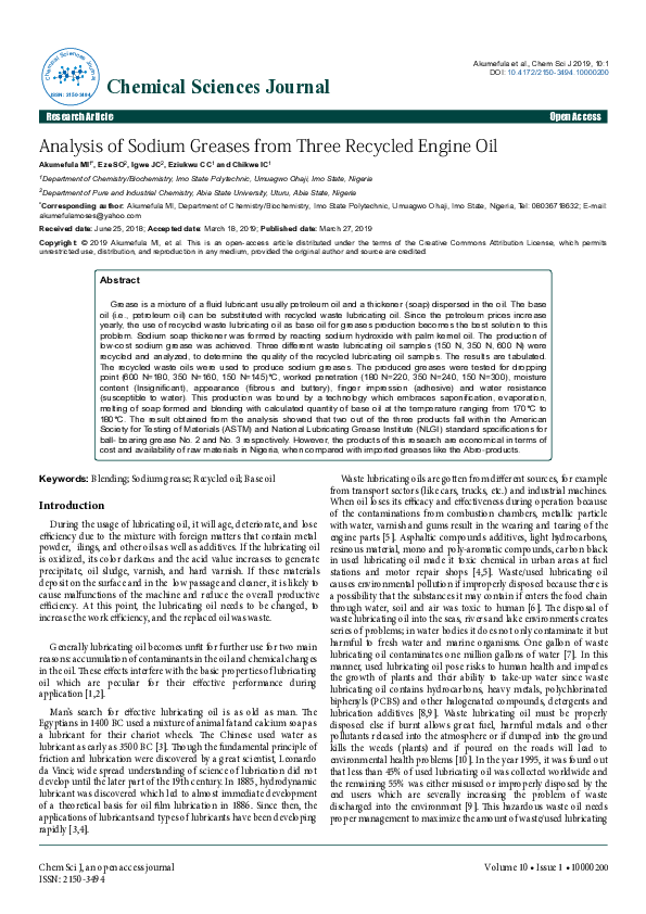 (PDF) Analysis of Sodium Greases from Three Recycled Engine Oil
