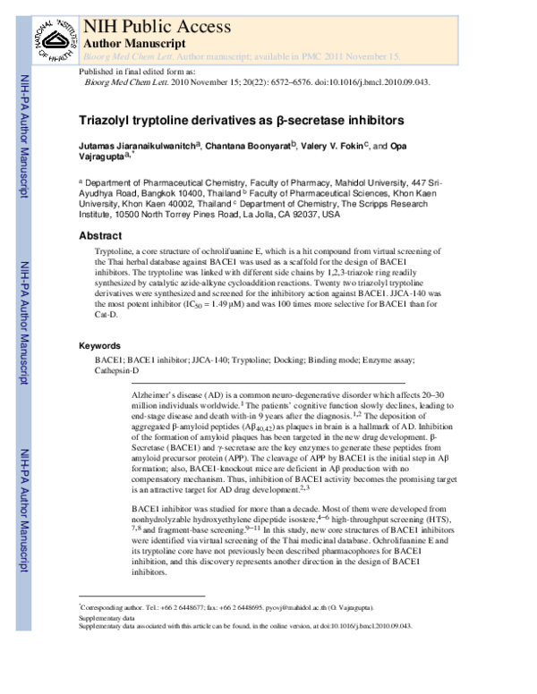 (PDF) Triazolyl tryptoline derivatives as β-secretase inhibitors