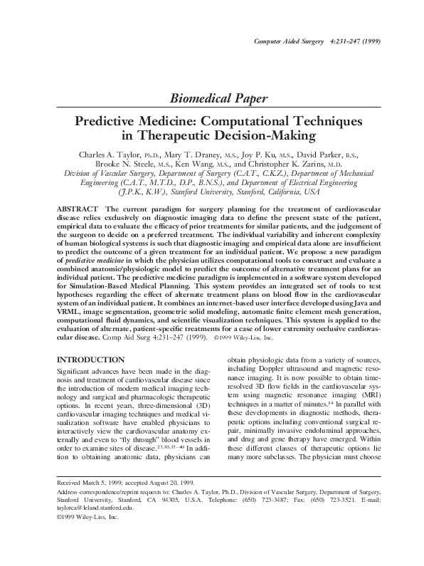 (PDF) Biomedical Paper Predictive Medicine: Computational Techniques in