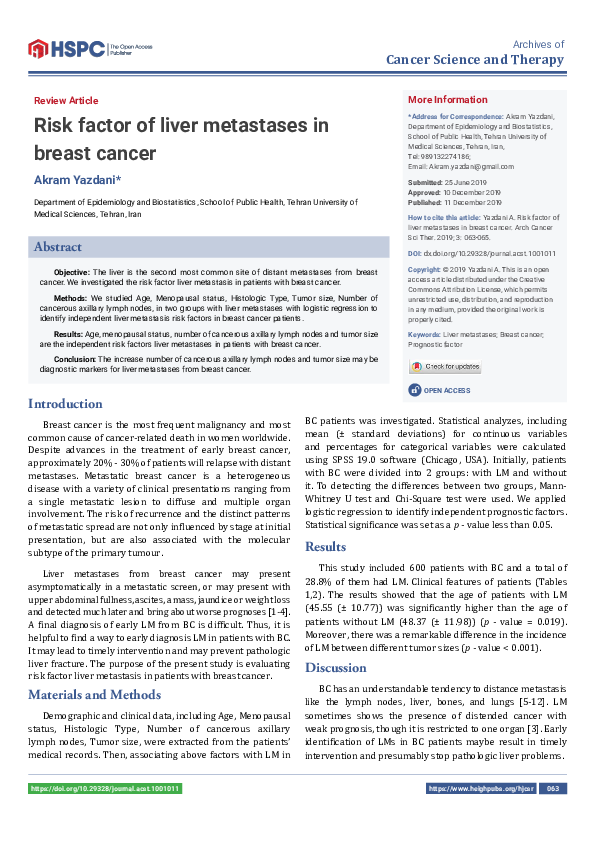 (PDF) Risk factor of liver metastases in breast cancer