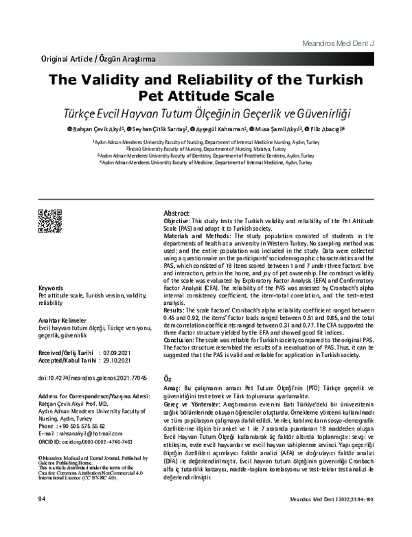 (PDF) The Validity and Reliability of the Turkish Pet Attitude Scale RAHSAN CEViK AKYiL