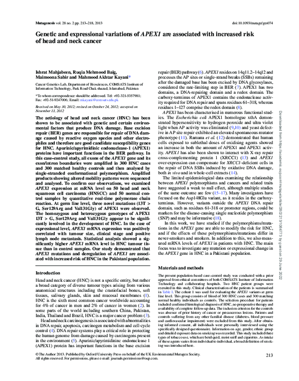 (PDF) Genetic and expressional variations of APEX1 are associated with ...