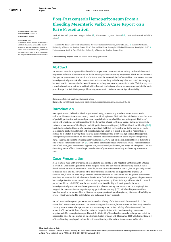 (PDF) Post-Paracentesis Hemoperitoneum From a Bleeding Mesenteric Varix ...