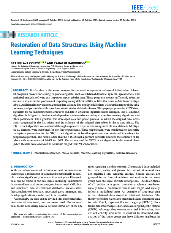 (PDF) Restoration of Data Structures Using Machine Learning Techniques