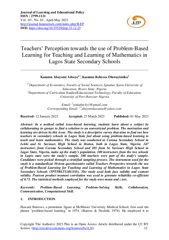 (PDF) Teachers’ Perception towards the use of Problem-Based Learning ...