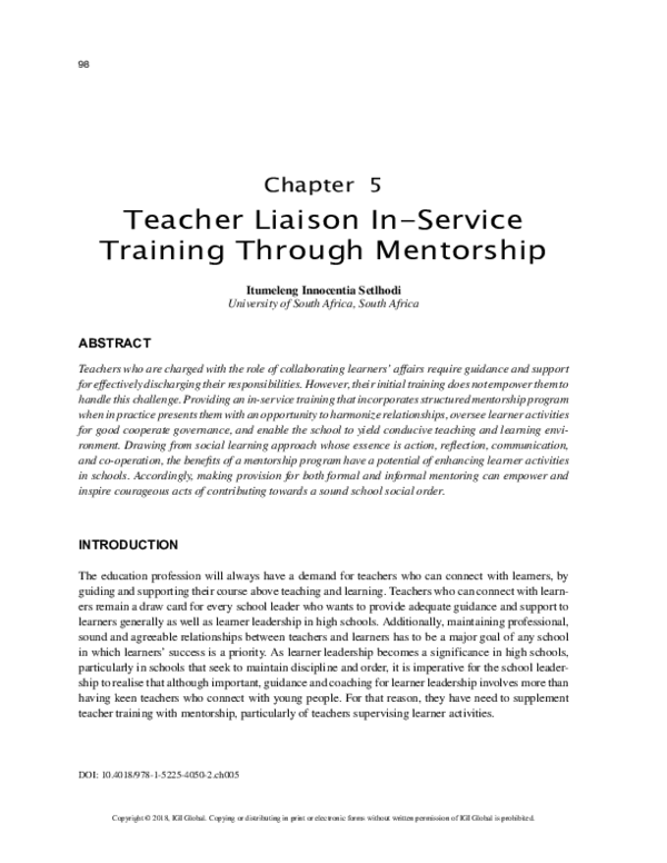 (PDF) Teacher Liaison In-Service Training Through Mentorship