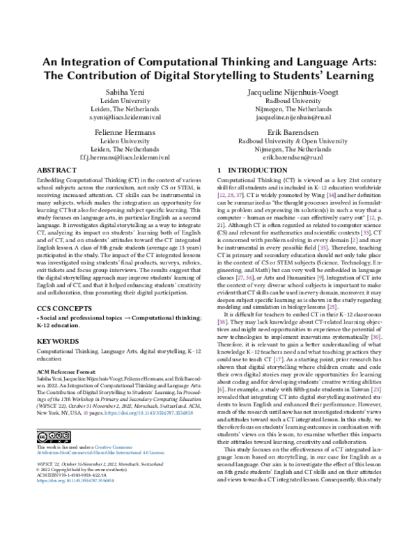 (PDF) An Integration of Computational Thinking and Language Arts: The ...