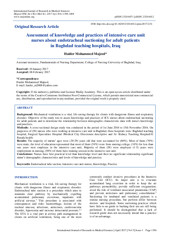(PDF) Assessment of knowledge and practices of intensive care unit ...