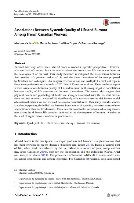(PDF) Associations Between Systemic Quality of Life and Burnout Among ...