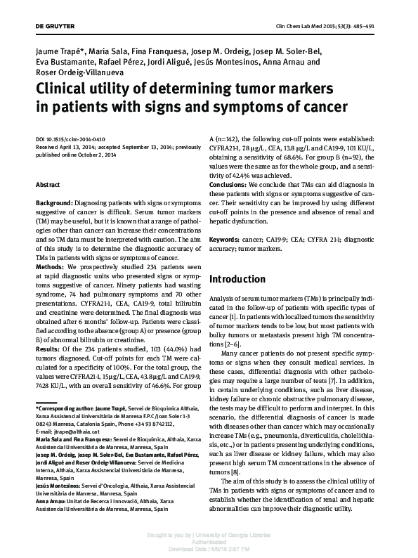 (PDF) Clinical utility of determining tumor markers in patients with ...