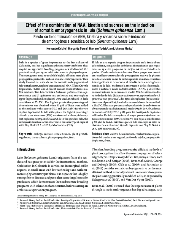 (PDF) Effect of the combination of NAA, kinetin and sucrose on the ...