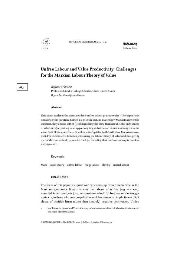 (PDF) Unfree Labour and Value-Productivity: Challenges for the Marxian ...