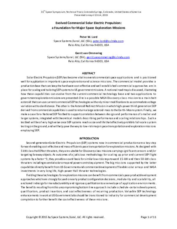 (PDF) Evolved Commercial Solar Electric Propulsion: a Foundation for ...