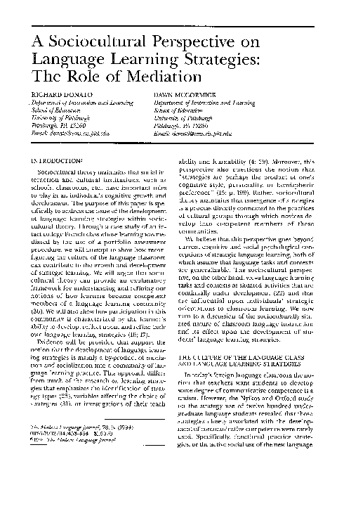 (PDF) A Sociocultural Perspective on Language Learning Strategies: The ...