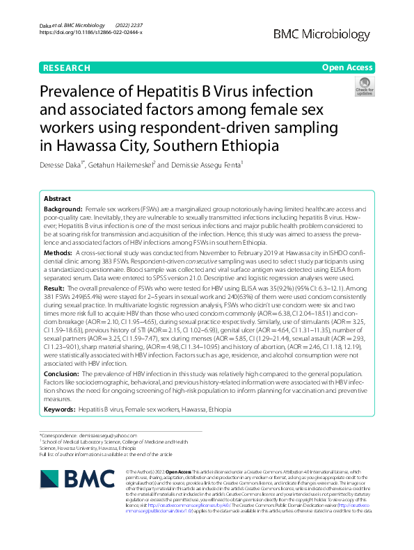 (PDF) Prevalence of Hepatitis B Virus infection and associated factors ...