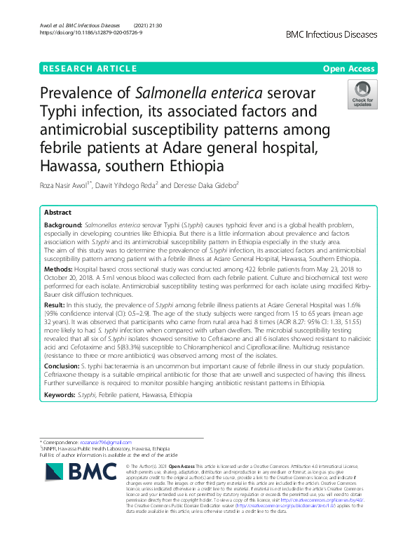 (PDF) Prevalence of Salmonella enterica serovar Typhi infection, its ...