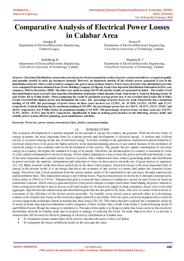 (PDF) Comparative Analysis of Electrical Power Losses in Calabar Area