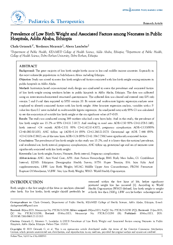 (PDF) Prevalence of Low Birth Weight and Associated Factors among ...