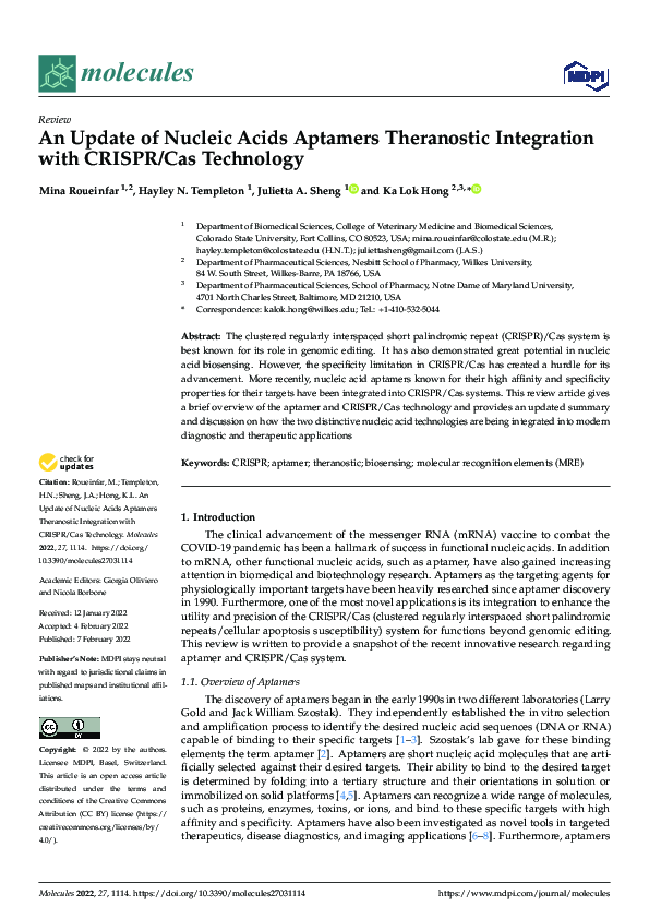 (PDF) An Update of Nucleic Acids Aptamers Theranostic Integration with ...