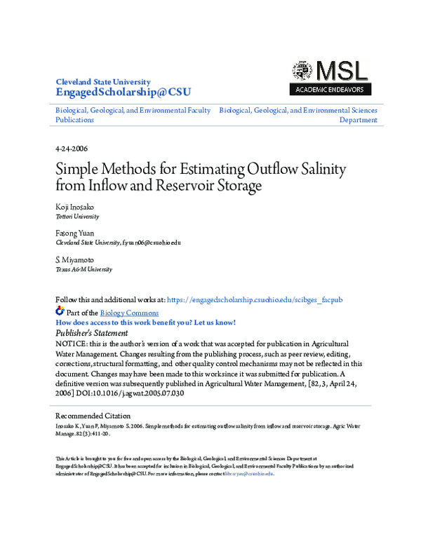 (PDF) Simple methods for estimating outflow salinity from inflow and ...