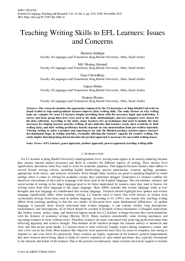 (PDF) Teaching Writing Skills to EFL Learners: Issues and Concerns