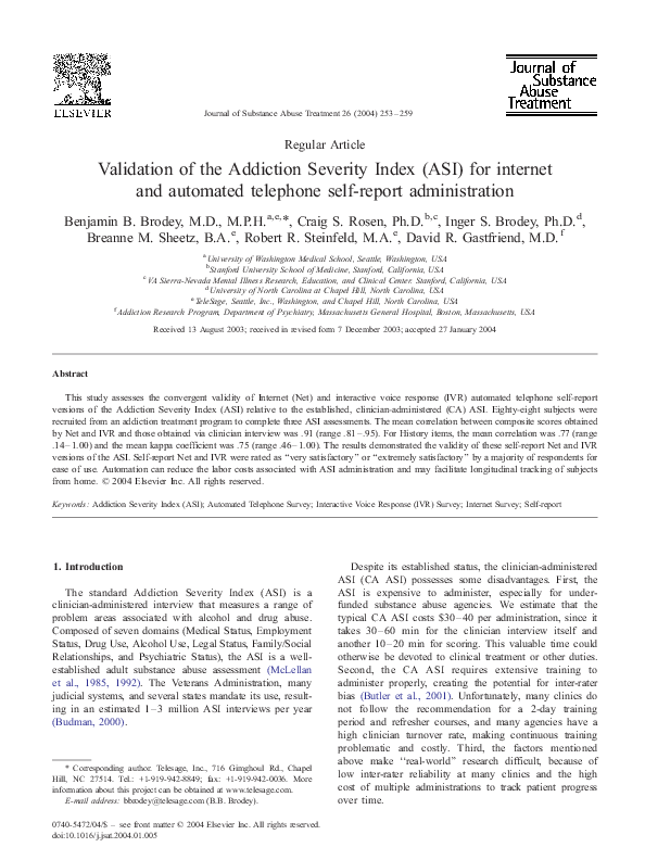 (PDF) Validation of the Addiction Severity Index (ASI) for internet and ...