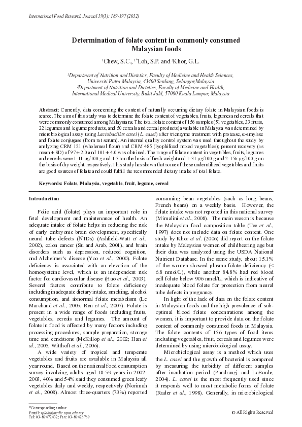 (PDF) Determination of folate content in commonly consumed Malaysian foods