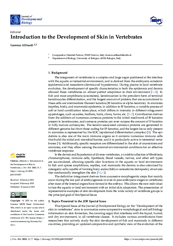 (PDF) Introduction to the Development of Skin in Vertebrates