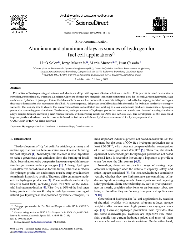 (PDF) Aluminum and aluminum alloys as sources of hydrogen for fuel cell ...