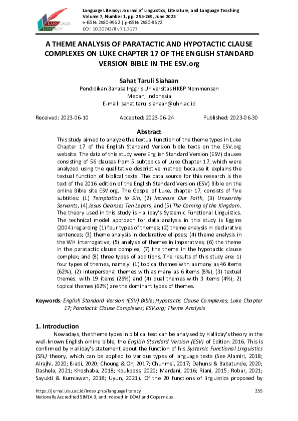 (PDF) A THEME ANALYSIS OF PARATACTIC AND HYPOTACTIC CLAUSE COMPLEXES ON ...