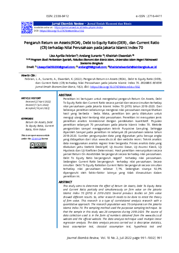 (PDF) Pengaruh Return on Assets (ROA) , Debt to Equity Ratio (DER ...