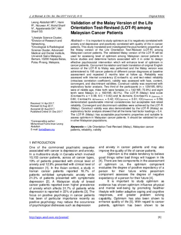 (PDF) Validation of the Malay Version of the Life Orientation Test ...