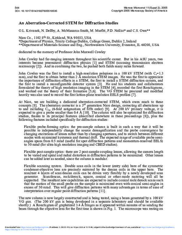 Pdf An Aberration Corrected Stem For Diffraction Studies