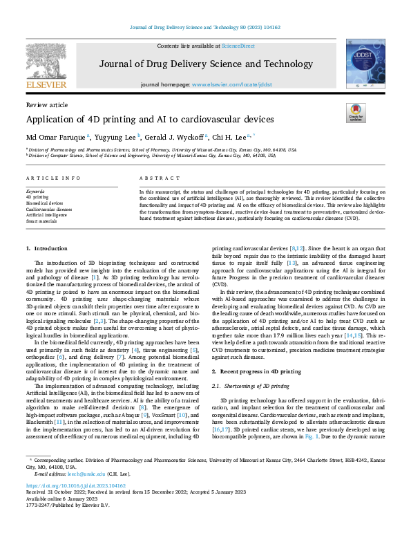 (PDF) Application of 4D printing and AI to cardiovascular devices