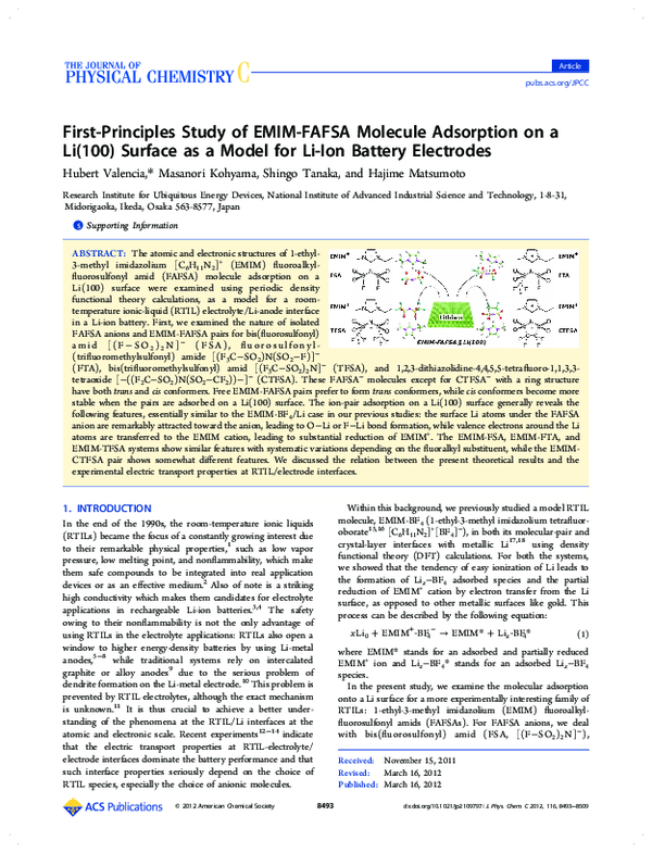 (PDF) First-Principles Study of EMIM-FAFSA Molecule Adsorption on a Li ...