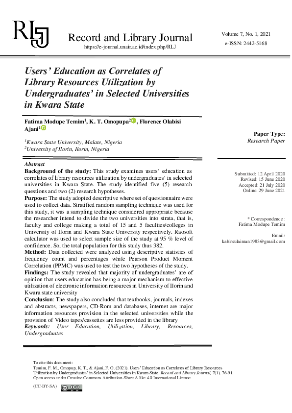 (PDF) Users’ Education as Correlates of Library Resources Utilization ...