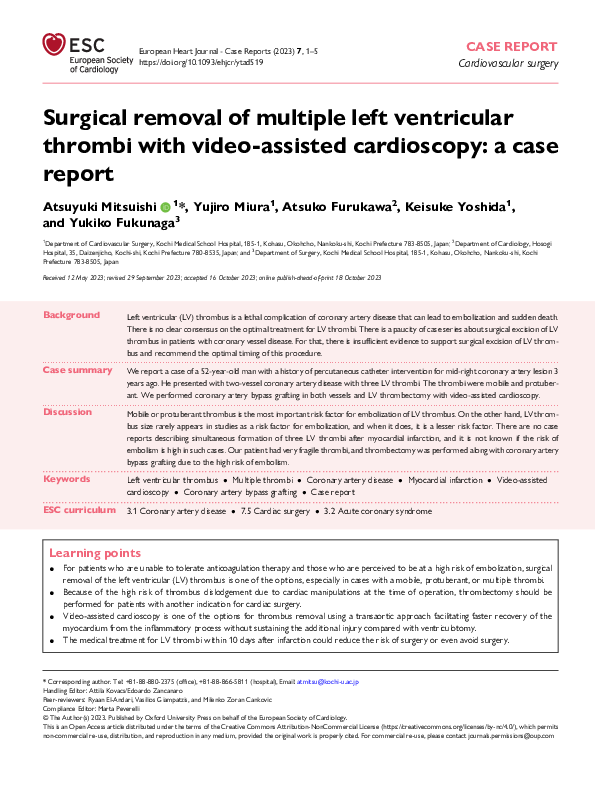 (PDF) Surgical removal of multiple left ventricular thrombi with video ...