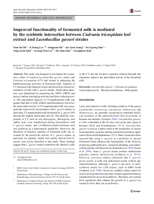 (PDF) Improved functionality of fermented milk is mediated by the ...